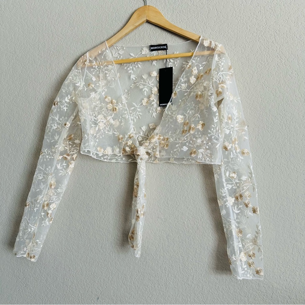 Momokrom Sheer Embroidered Floral Tie-Up Top Small Coquette Fairycore Romantic - Picture 4 of 14